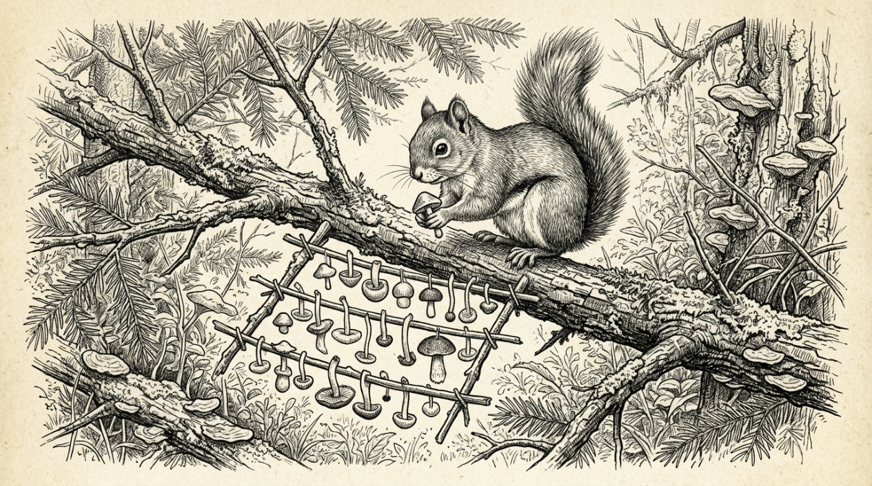 Fanciful pen and ink style illustration of a squirrel beside racks of mushrooms hung from branches